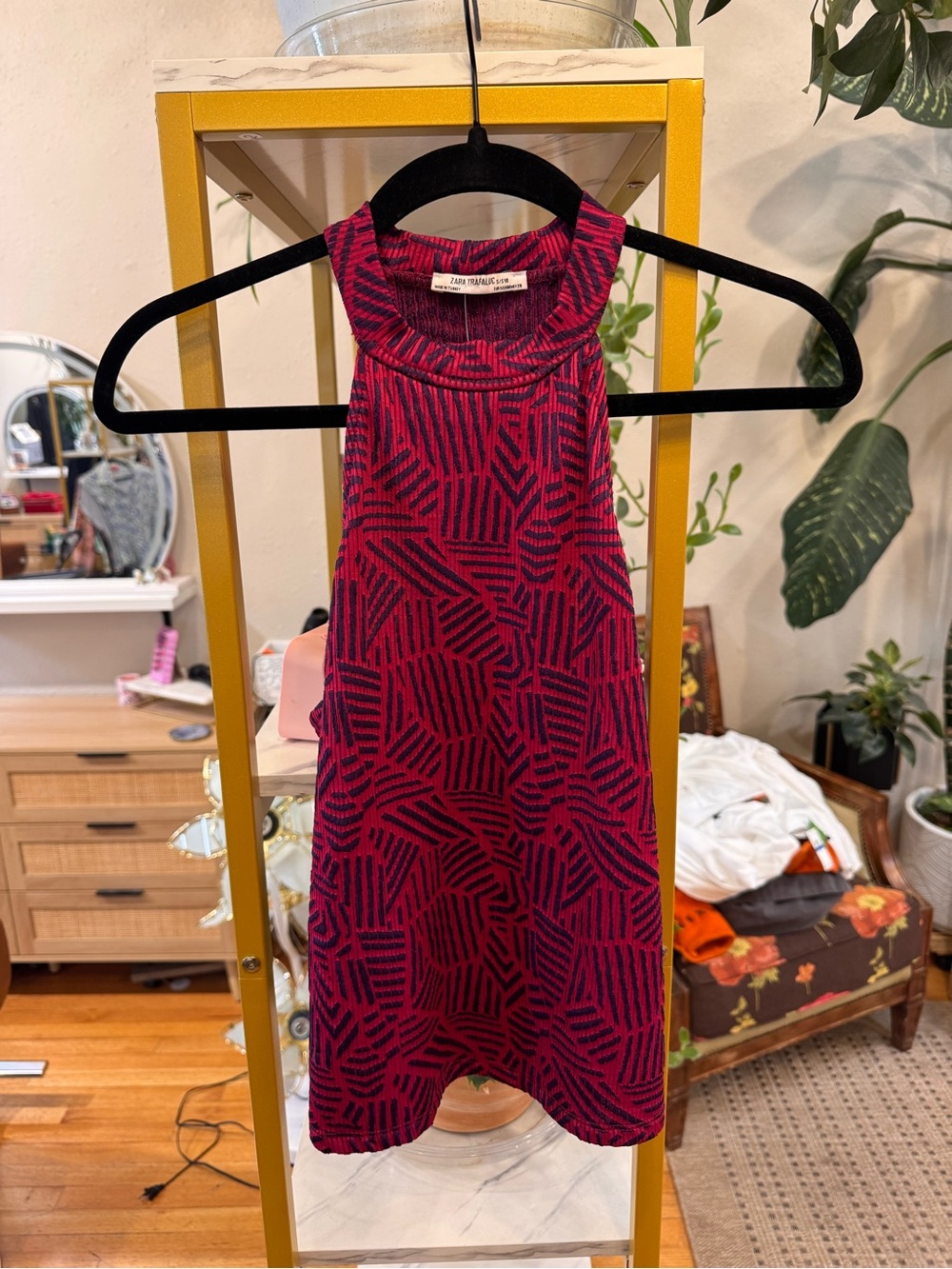 Zara Pinkand Blue Patterned Ribbed Tank Top. Stretchy.